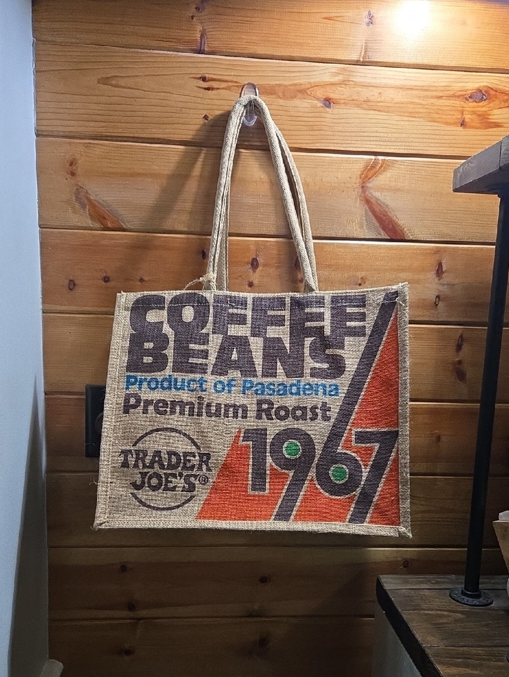 Trader Joe's Burlap Coffee Beans Tote Bag - Natural with Orange & Blue Print